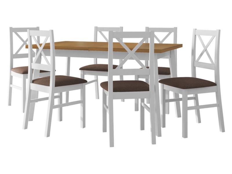 Zestaw DR11 MIRJAN 24 Stół rozkładany Oslo V 80x140/180 + 6 krzeseł Nilo 10 dąb grandson + biały + brązowa tapicerka 1 kpl.