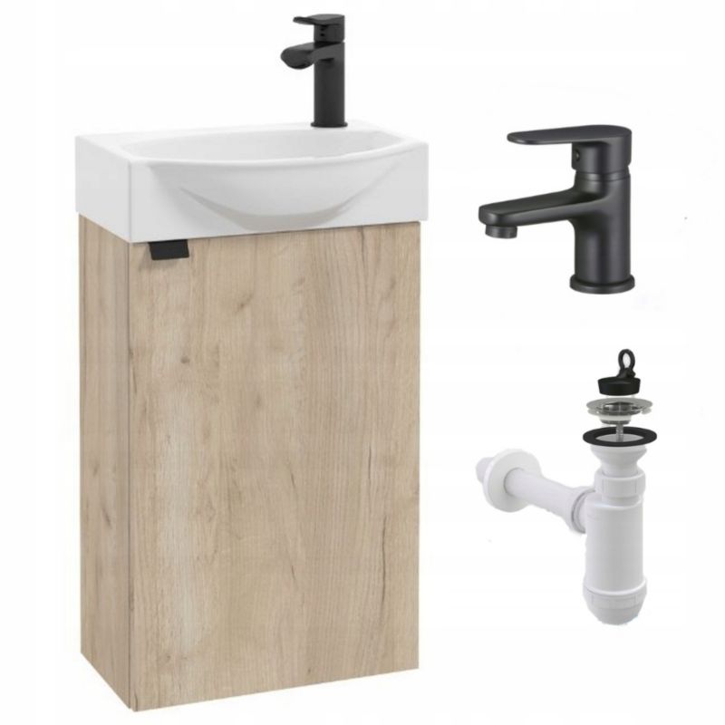 Szafka Łazienkowa Stamar z Umywalką 400 x 220 mm Wisząca Dąb Jasny Bateria Czarna Mała 1 szt