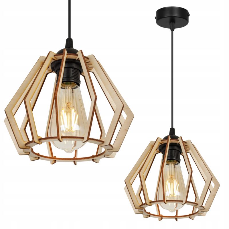 Lampa sufitowe wisząca Light Home LH Timber metal 1x E27 60W klosz drewno diament naturalny/czarny 1szt.