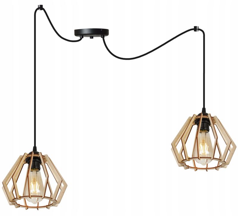 Lampa sufitowe wisząca Light Home LH Timber Spider 2x E27 60W klosz drewno diament naturalny/czarny 1szt.