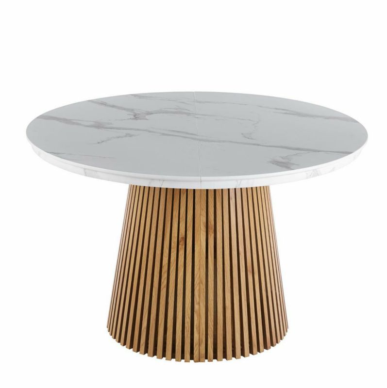 Stół Kyoto INTESI rozkładany okrągły biały marmur dąb nowoczesny 120/200 cm do jadalni i salonu 1 szt.