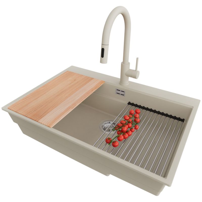 Zlewozmywak Granitowy Oslo Max PRIMAGRAN Nablatowy 78x53cm do szafki od 80cm, Beżowy + Bateria + Syfon + Akcesoria, S108, 1 szt.