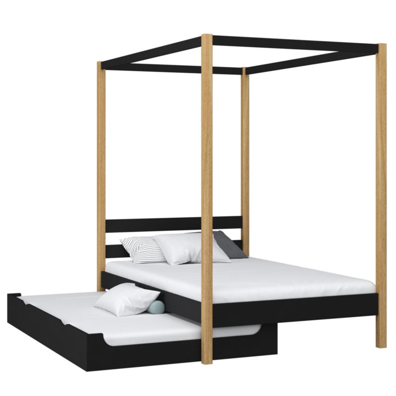 Drewniane łóżko N-WOOD pojedyncze z baldachimem i szufladą na dodatkowy materac N01 czarno dębowy 90x180 1szt.