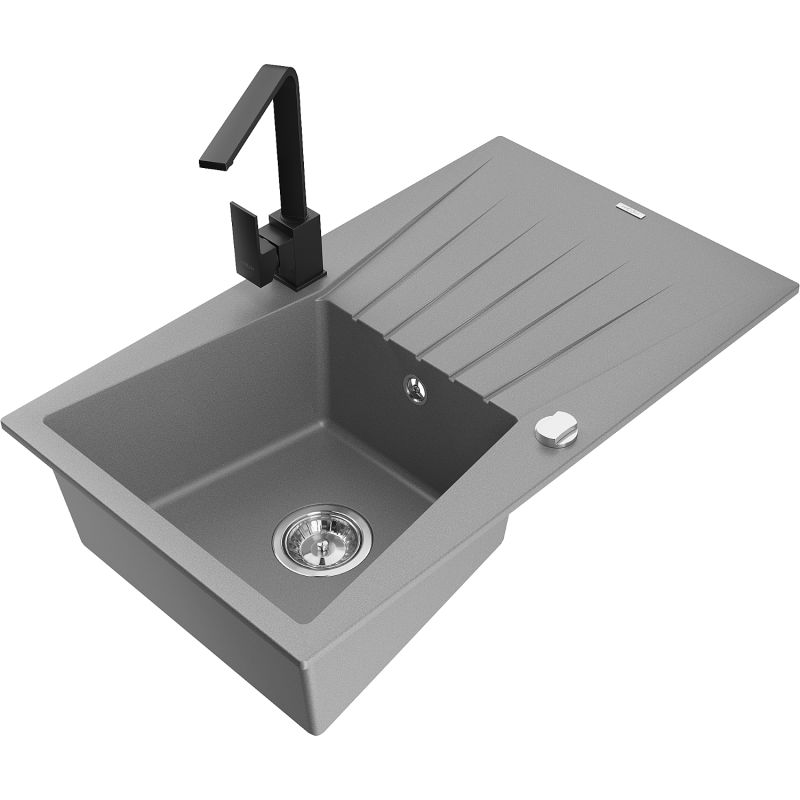 Zlewozmywak granitowy 1-komorowy Mexen Cesar z ociekaczem i baterią kuchenną Rita szary - 6514-71-670300-00 1 szt.