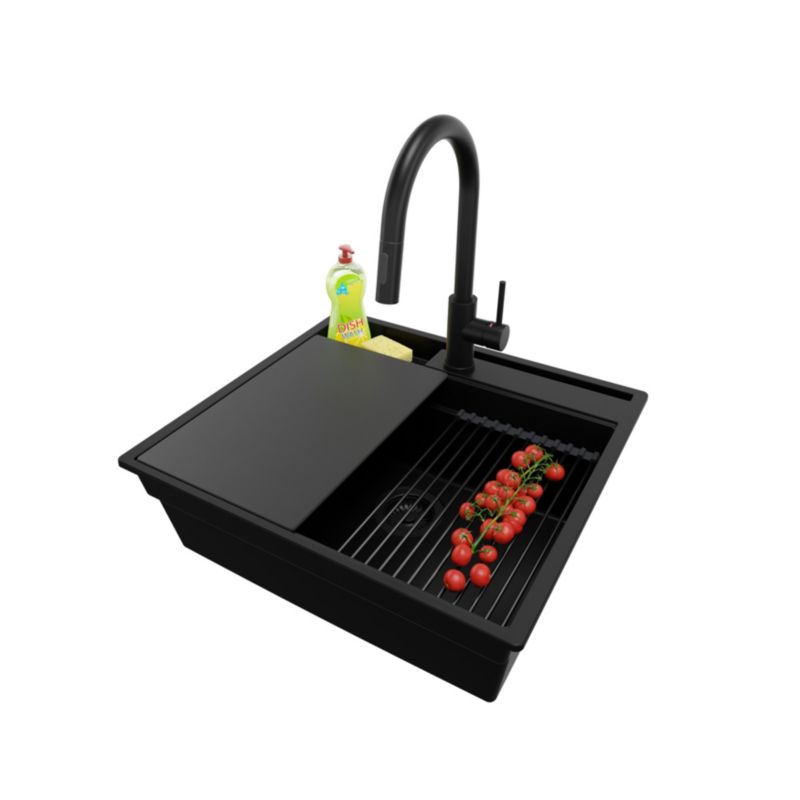 Zlewozmywak Granitowy Oslo Pocket PRIMAGRAN Nablatowy 58x53cm, Cały Czarny + Bateria + Syfon + Akcesorium, S239, 1 szt.