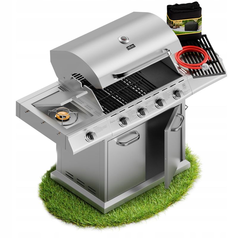 Grill Gazowy Koler Relish V4 Srebrny Nierdzewny 5 Palników 17,2kW 3 Ruszty + pokrowiec 1 szt.