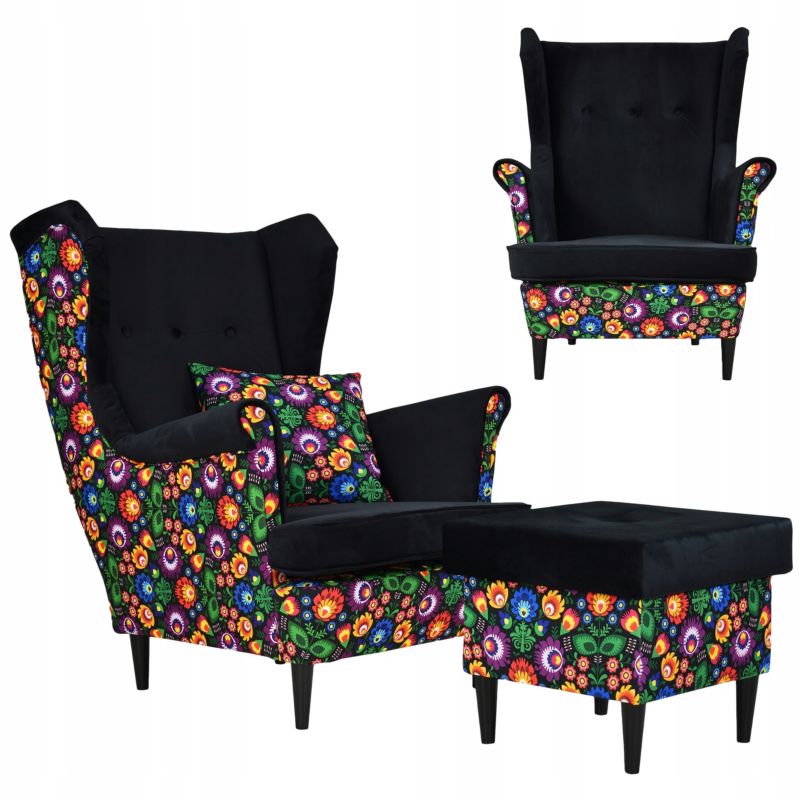 Fotel uszak do salonu z podnóżkiem Family Meble Ari Print Duo kolorowy 1szt