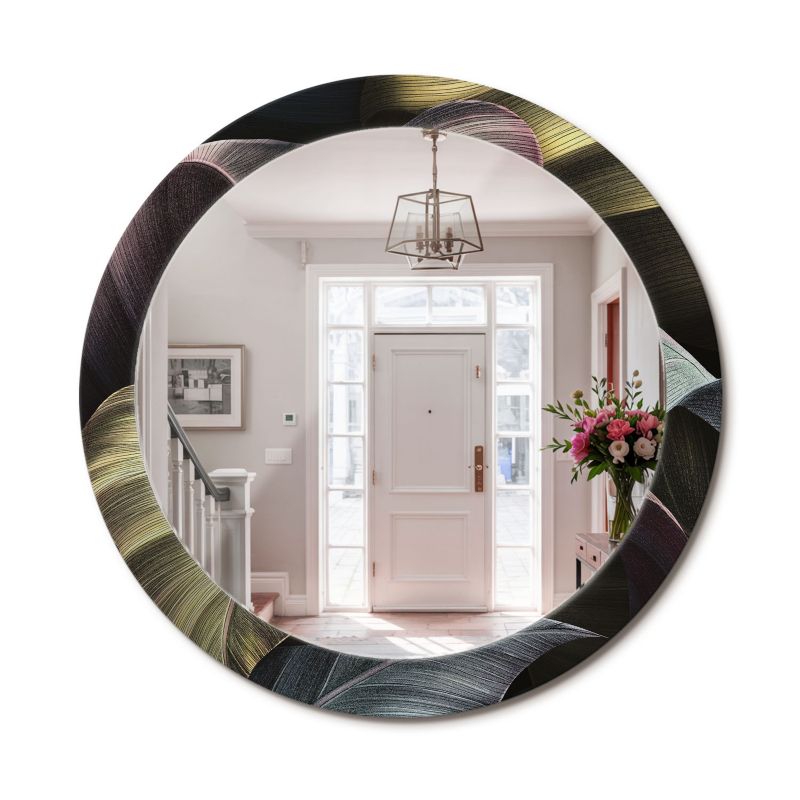 Lustro Dekoracyjne Okrągłe ArtPrintCave 80 cm Ciemne Tropikalne Liście z Drukowaną Ramką do Przedpokoju 1 szt.