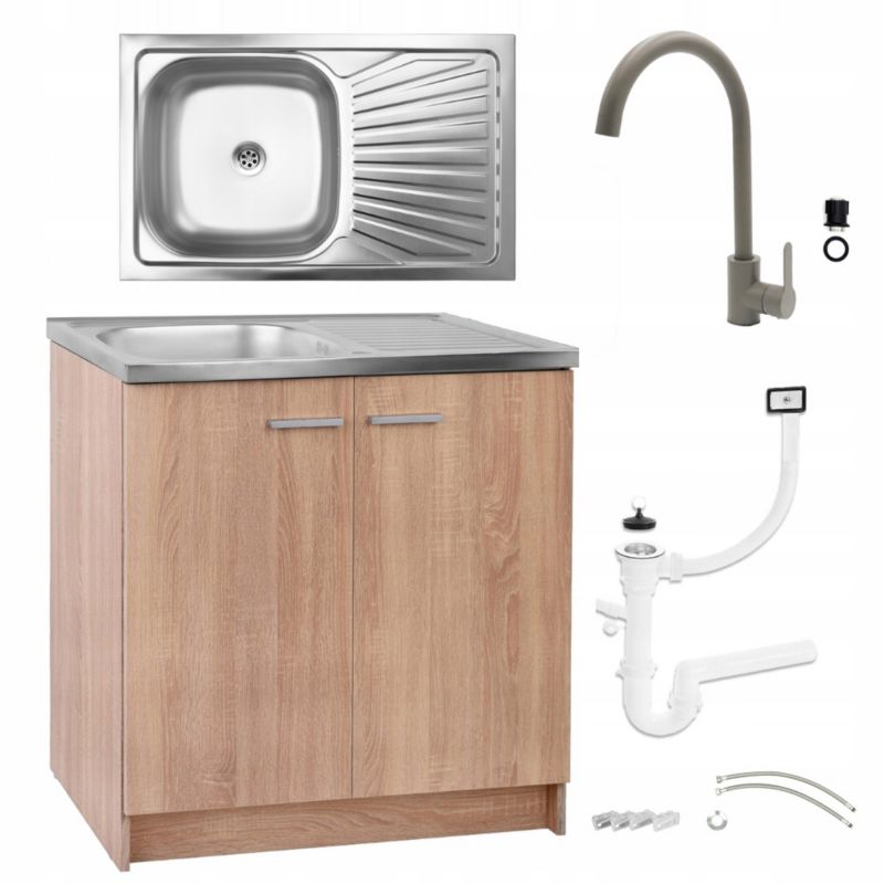 Szafka Kuchenna Stamar Dąb Sonoma Zlewozmywak 800 mm Bateria Wysoka Oliwka Syfon 1 szt