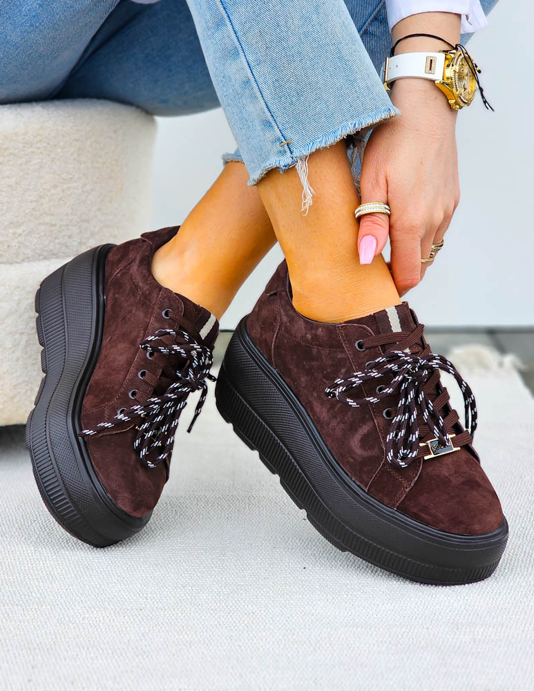 Premium Czekoladowe Skórzane Sportowe Półbuty Trampki Doris