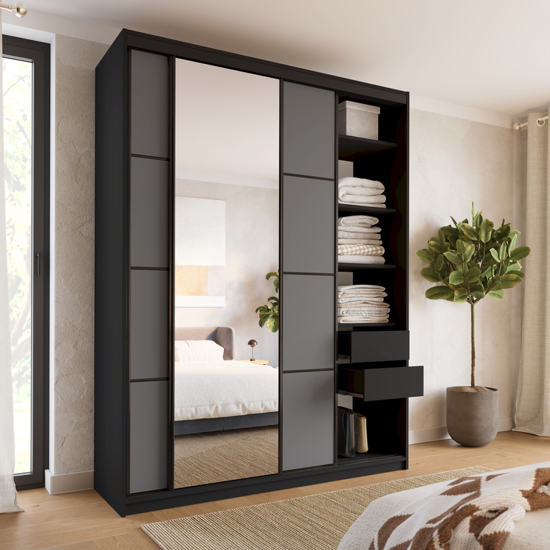 Wysoka grafitowa szafa przesuwna z lustrem 180 cm LOFT MAX