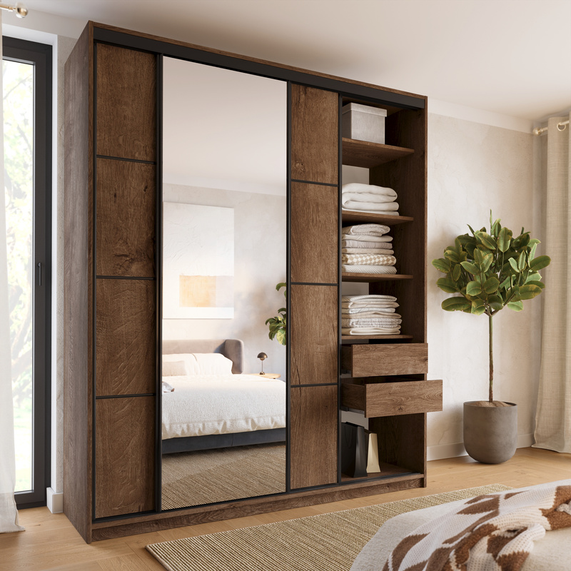 Duża szafa przesuwna z lustrem 200 cm LOFT MAX dąb lefkas