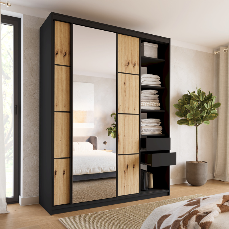 Szafa przesuwna z lustrem do sypialni 180 cm LOFT MAX dąb artisan