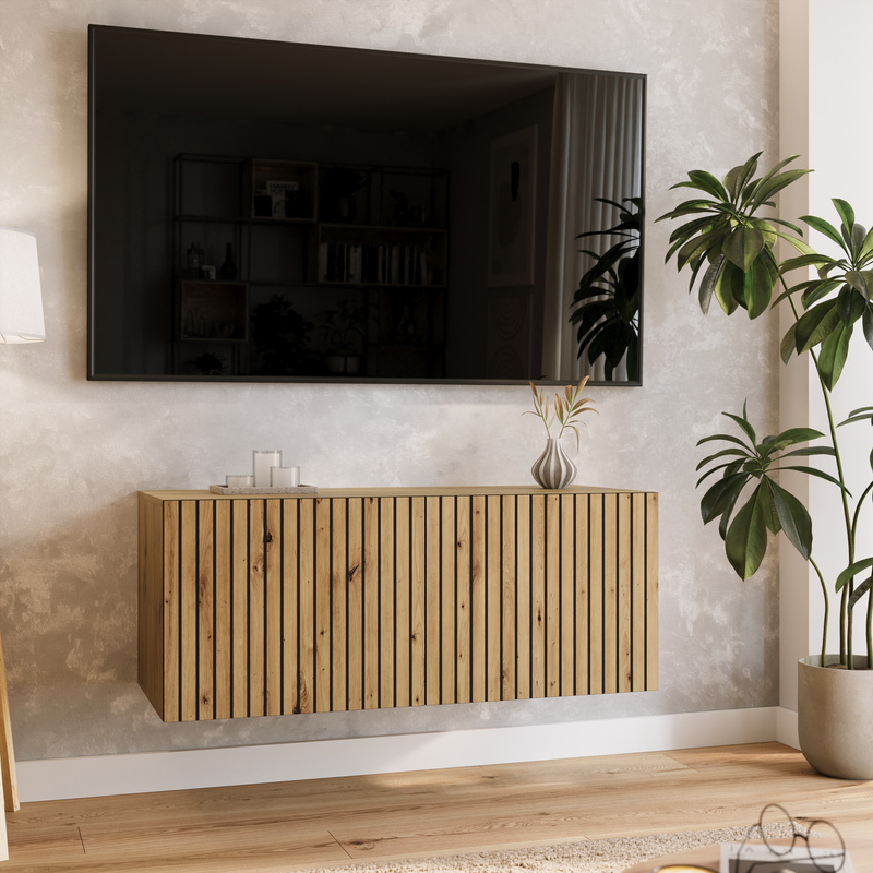 Wisząca szafka RTV 100 cm ryflowana pod tv LORI dąb artisan