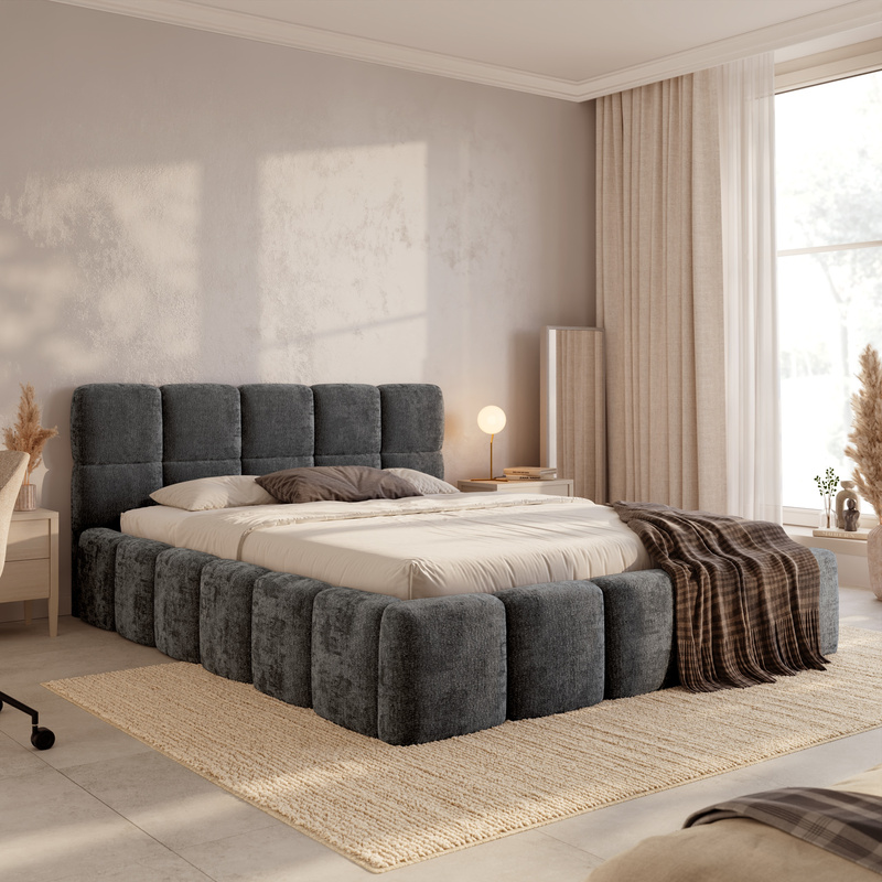 Szare Łóżko 140x200 do sypialni z pojemnikiem tapicerowane CUDDY