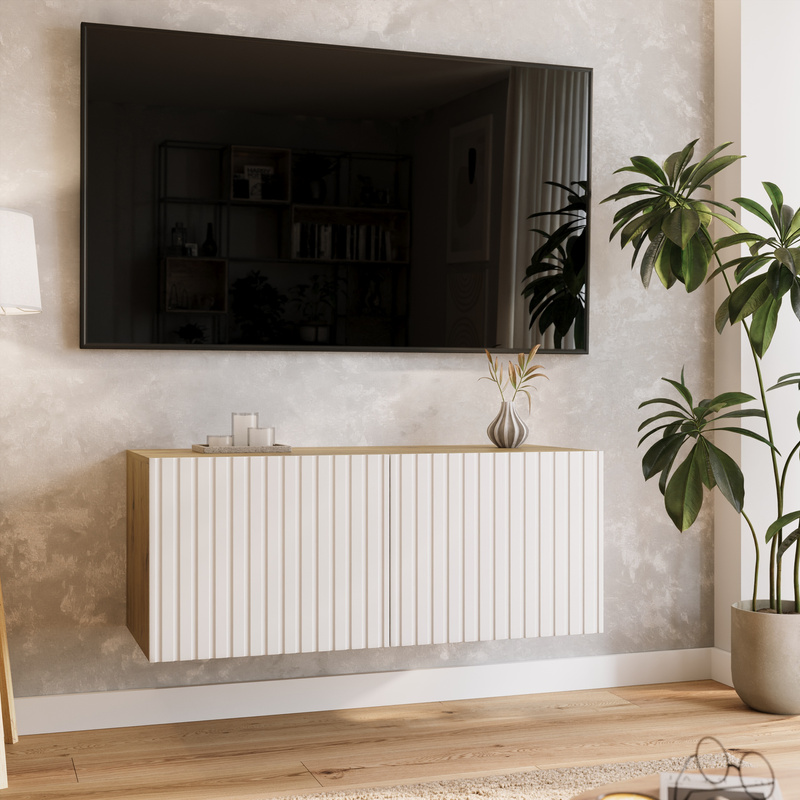 Wisząca szafka rtv 100 cm ryflowana LORI do salonu z półkami