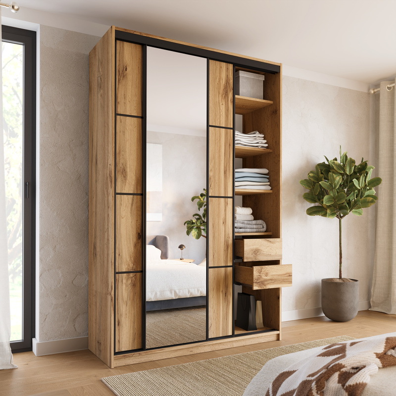 Wysoka szafa przesuwna z lustrem 150 cm LOFT MAX dąb wotan