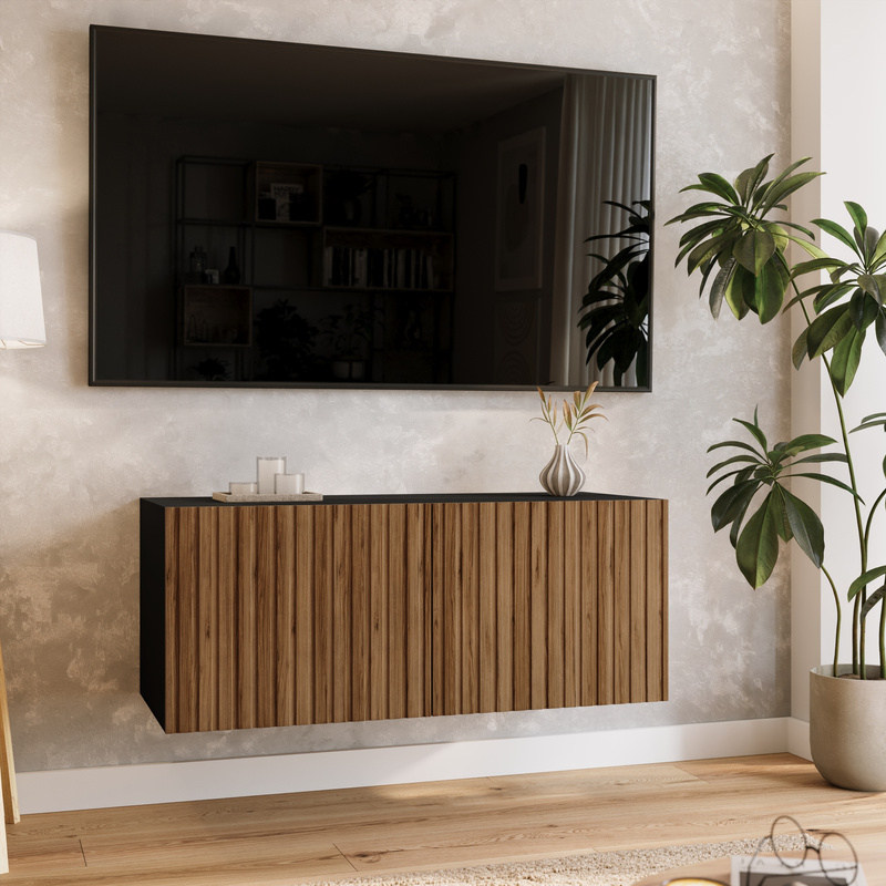 Szafka RTV 100 cm wisząca ryflowana do salonu LORI z półkami