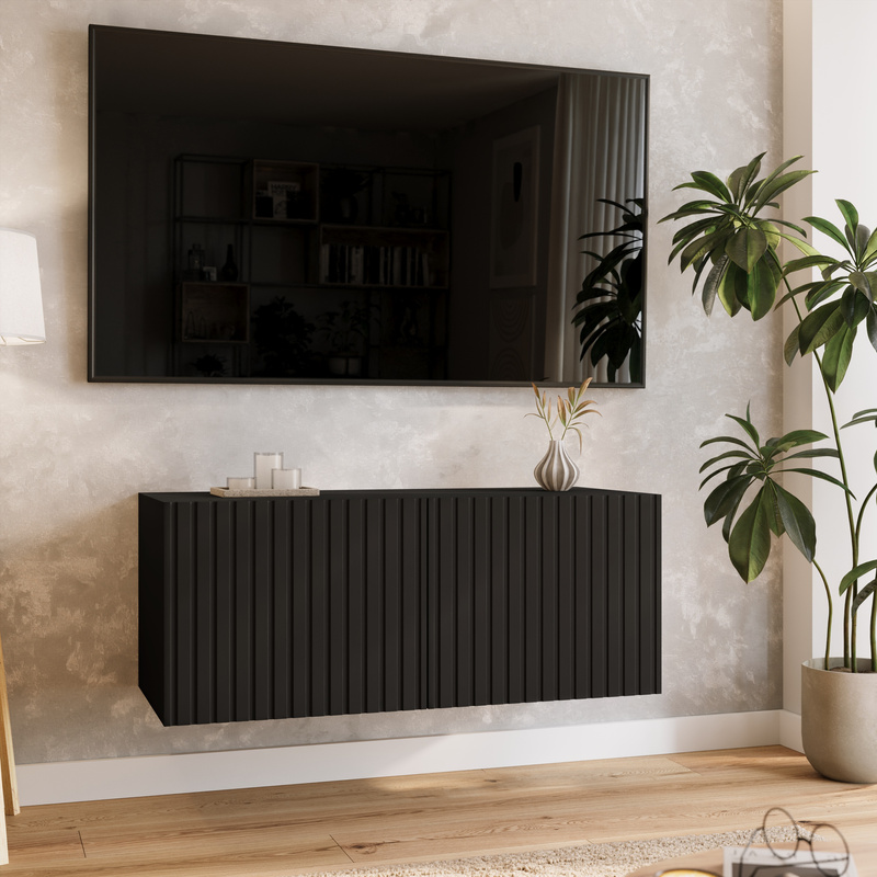 Czarna szafka RTV 100 cm wisząca ryflowana do salonu LORI z półkami