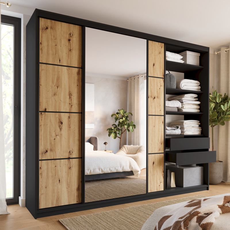 Pojemna szafa przesuwna z lustrem 280 cm LOFT MAX dąb artisan