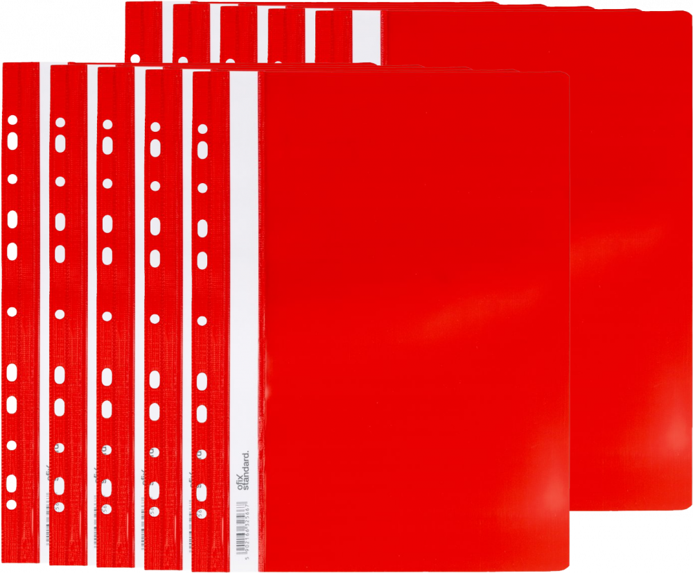 10x skoroszyt plastikowy oczkowy Ofix Standard, twardy, A4, PVC, do 200 kartek, czerwony