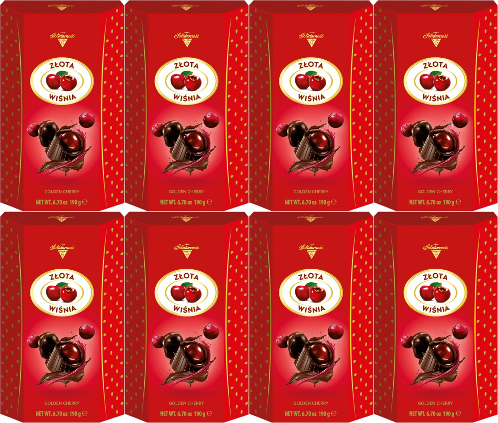 8x Bombonierka Solidarność Złota, wiśnie w likierze, sztabka, 190g
