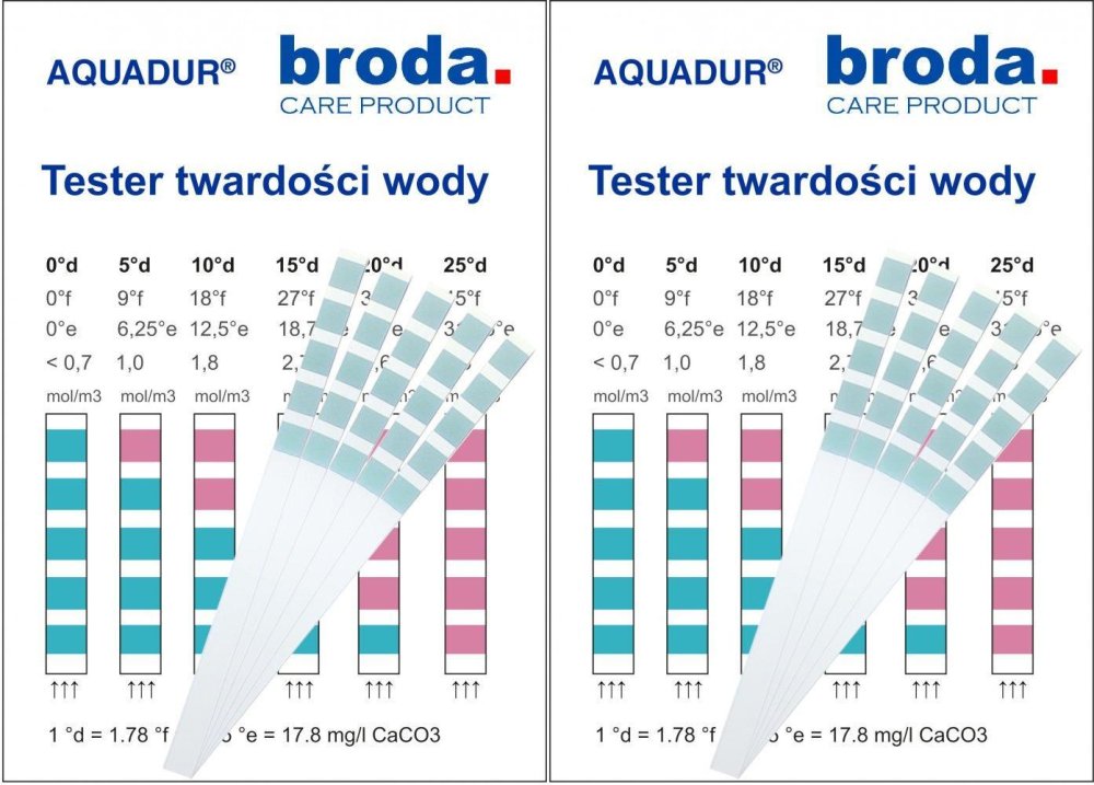 2x Tester twardości wody Aquadur, paskowy, 5 sztuk
