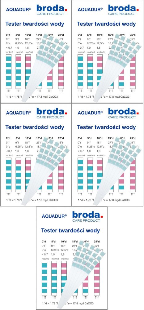 5x Tester twardości wody Aquadur, paskowy, 5 sztuk