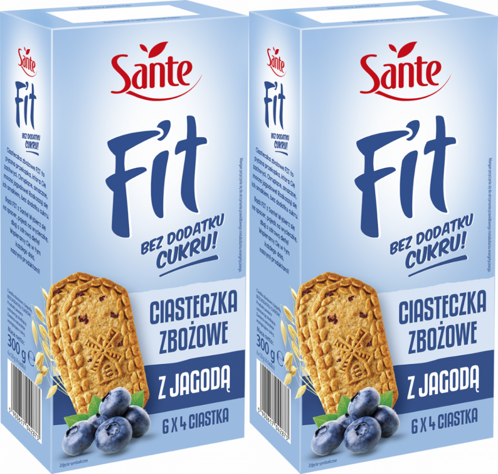 2x Ciasteczka zbożowe Sante Fit, z jagodą, bez cukru, 300g