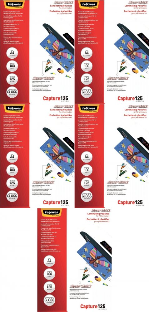 5x Folia do laminowania Fellowes Super Quick, A4, 2x125 μm, 100 sztuk