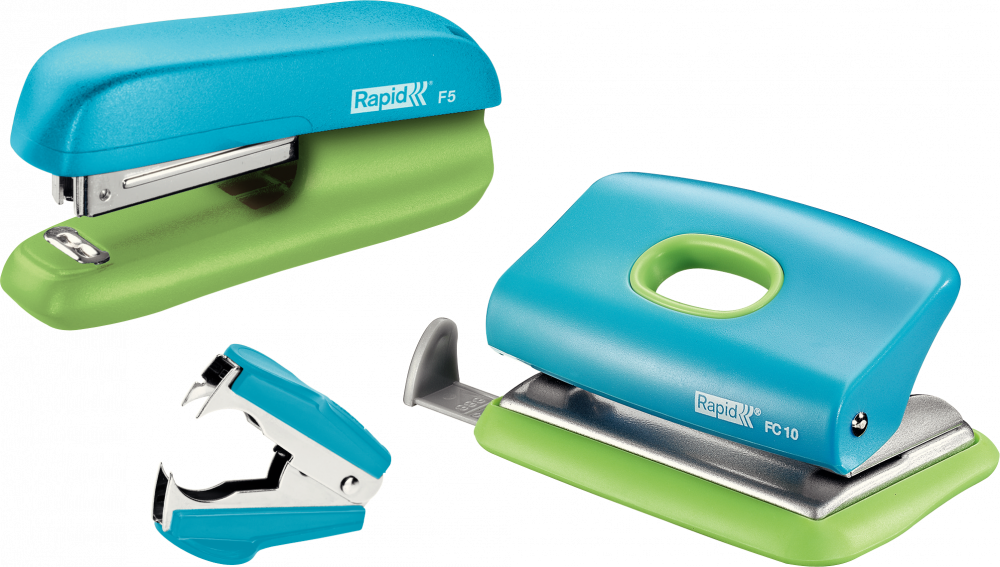 Zestaw Rapid zszywacz mini F5 + dziurkacz mini FC10 + rozszywacz, niebiesko-zielony