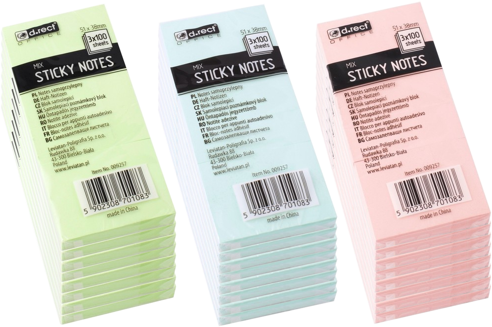 24x Karteczki samoprzylepne D.Rect 38x51mm, 3x100 karteczek, mix kolorów pastelowych