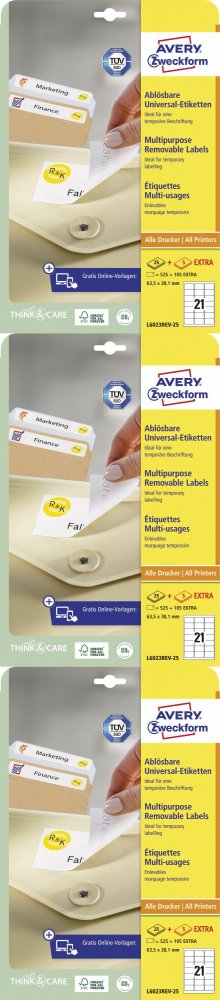 3x Etykiety samoprzylepne usuwalne Avery Zweckform, 63.5x38.1mm, 25 arkusz + 5 gratis, biały