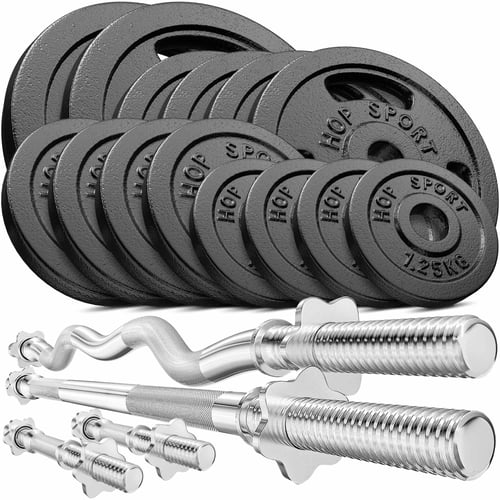 Set d’haltères en fonte 76 kg avec barre de musculation longue, barre Curl EZ et barres courtes