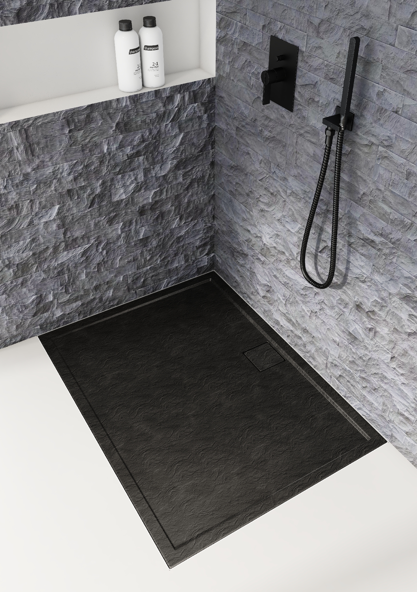 Schedpol Omega Black Stone brodzik 100x90 cm prostokątny Stonicryl struktura czarnego kamienia 3.0457/C/ST