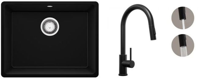 Zestaw Primagran Wenecja zlewozmywak granitowy z baterią kuchenną czarny (OOW6KC001, PBW9010KC) - Wysyłka w 24h