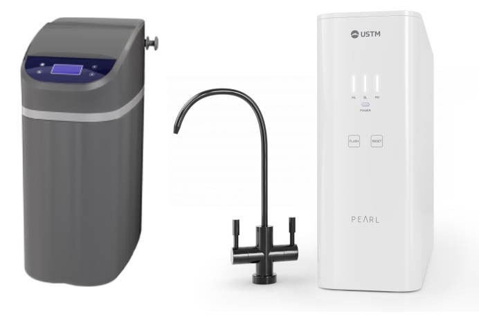 Zestaw USTM Grey Stacja uzdatniania wody z zestawem filtrującym z odwróconą osmozą Pearl z czarną wylewką (WS9LCDG, ROPEARLBLACKSTYLE)