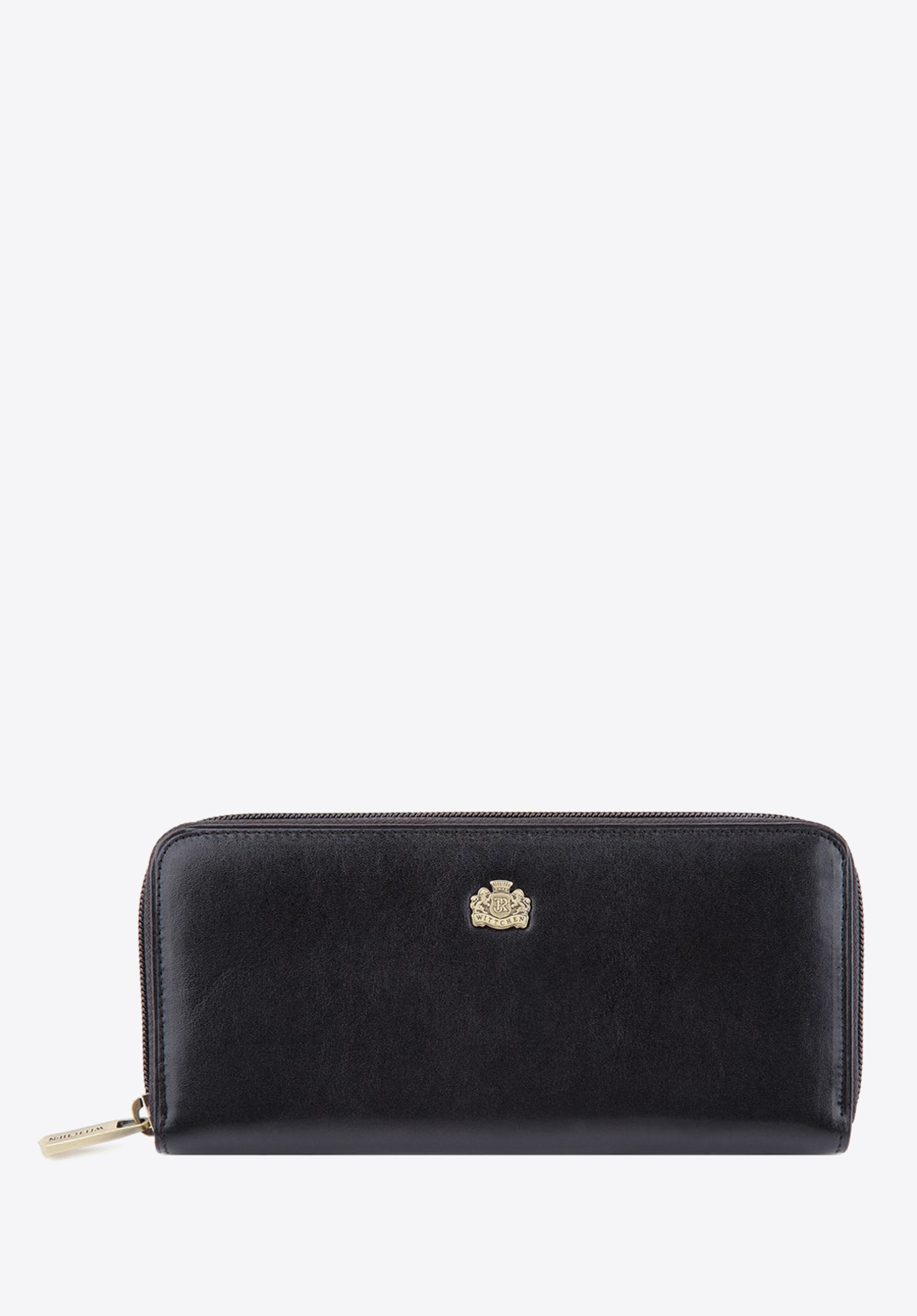 Damski portfel ze skóry z herbem na zamek czarny