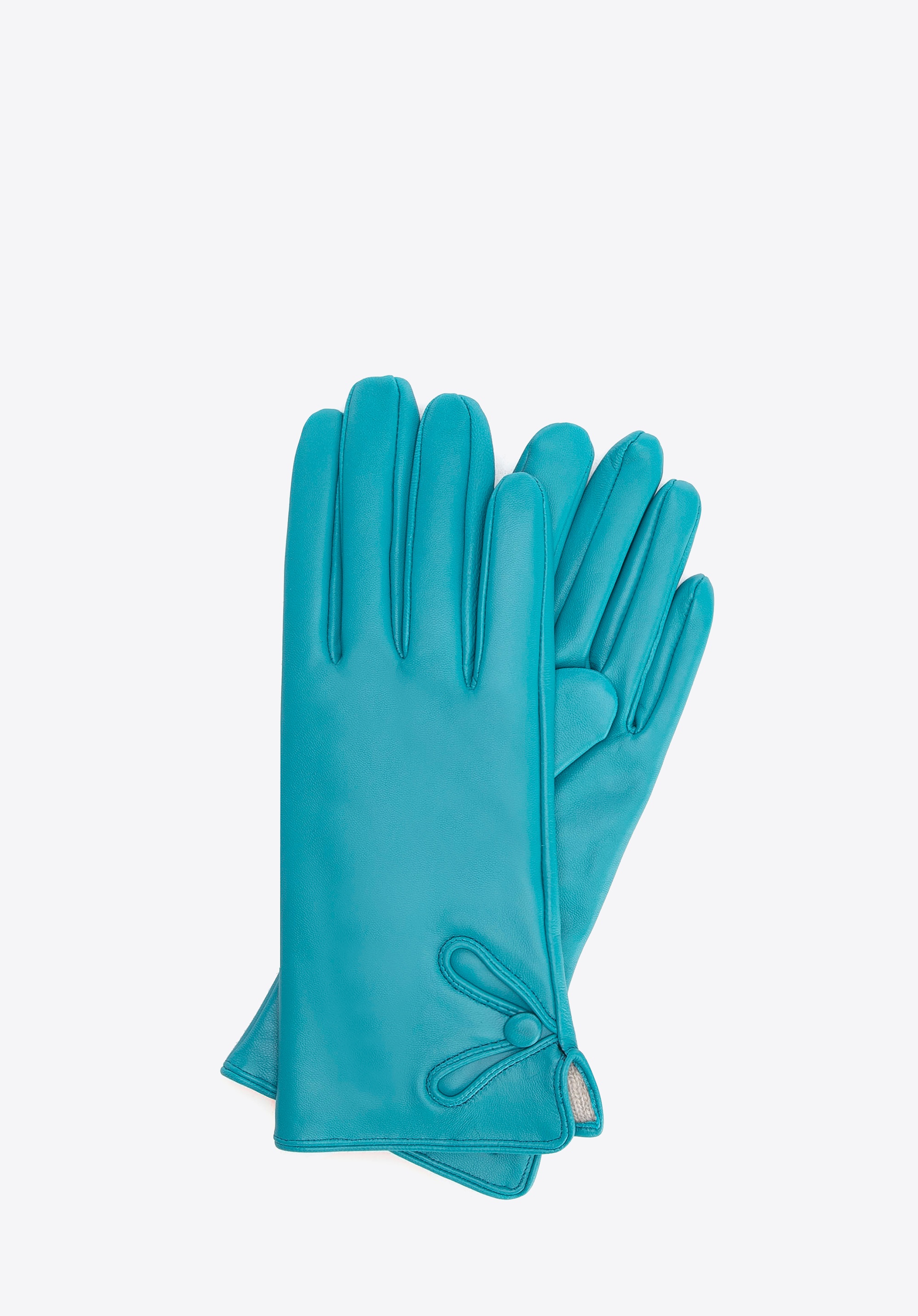 Damskie rękawiczki skórzane z ozdobnym guzikiem turkusowe