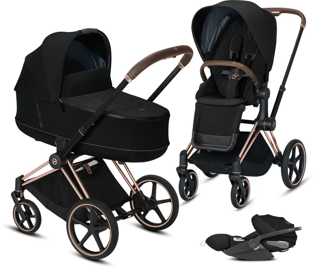 Cybex, Priam 2.0 + Cloud Z i-Size + dodatkowy Seat Pack - wózek głęboko-spacerowy z fotelikiem i dodatkową tapicerką gratis!!!-Deep Black-Rose Gold