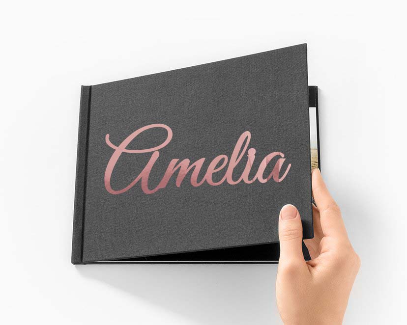 Napis Emblemat imię na ksiegę gości album do zdjęć różowe złoto, dekoracja na Komunię Świętą Chrzest Święty