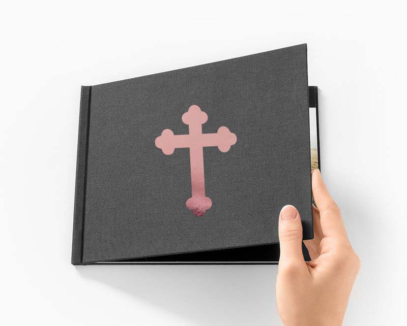 Napis Emblemat na ksiegę gości album do zdjęć krzyż różowe złoto, dekoracja na Komunię Świętą Chrzest Święty