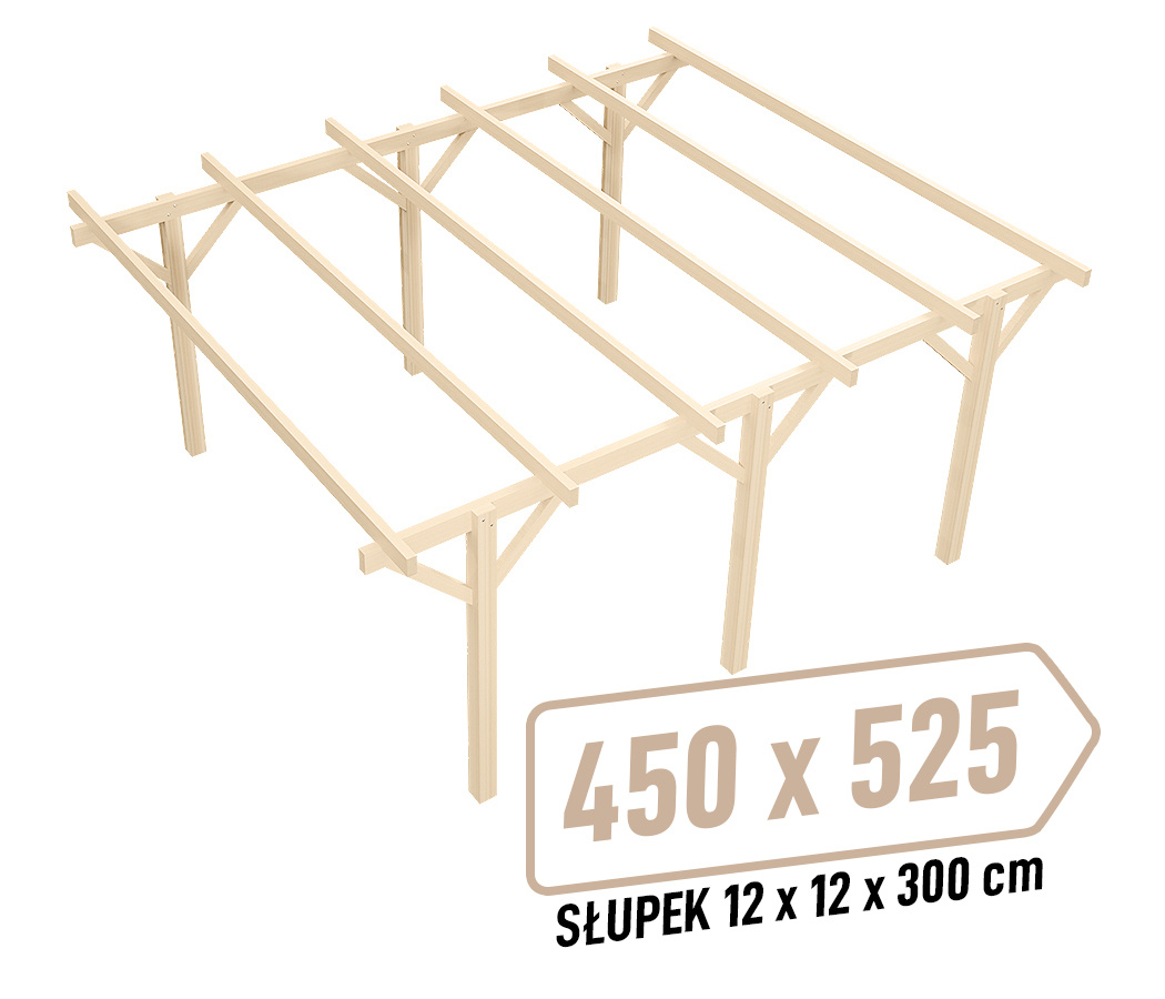 Wiata KVH Sucha Premium - 450 x 525 cm - słupki 12x12x300 cm garażowa wolnostojąca - zastrzał prosty