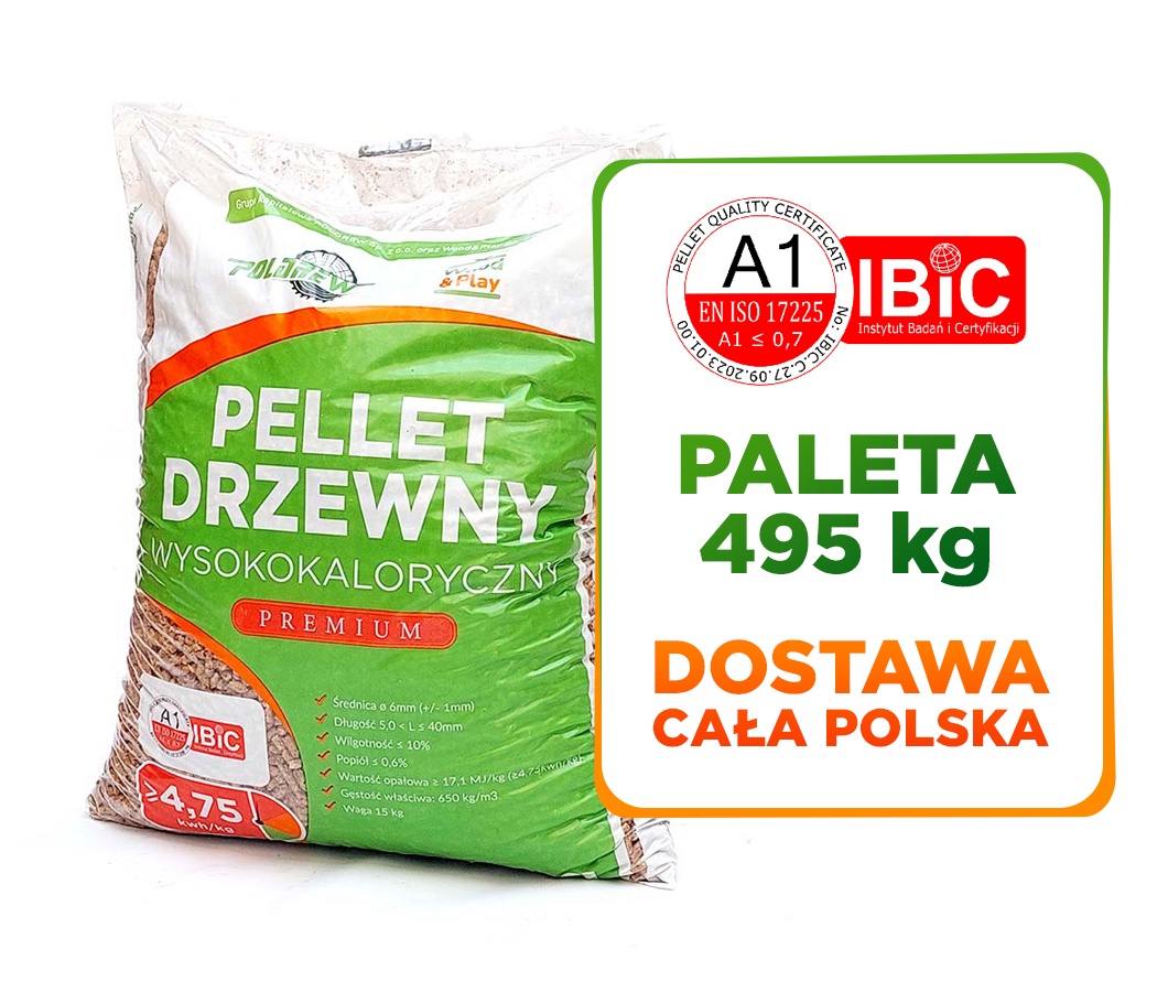 Drewno opałowe Pellet drzewny EN A1 17,1 MJ/kg (4,75kwh/kg) - PALETA 495 kg