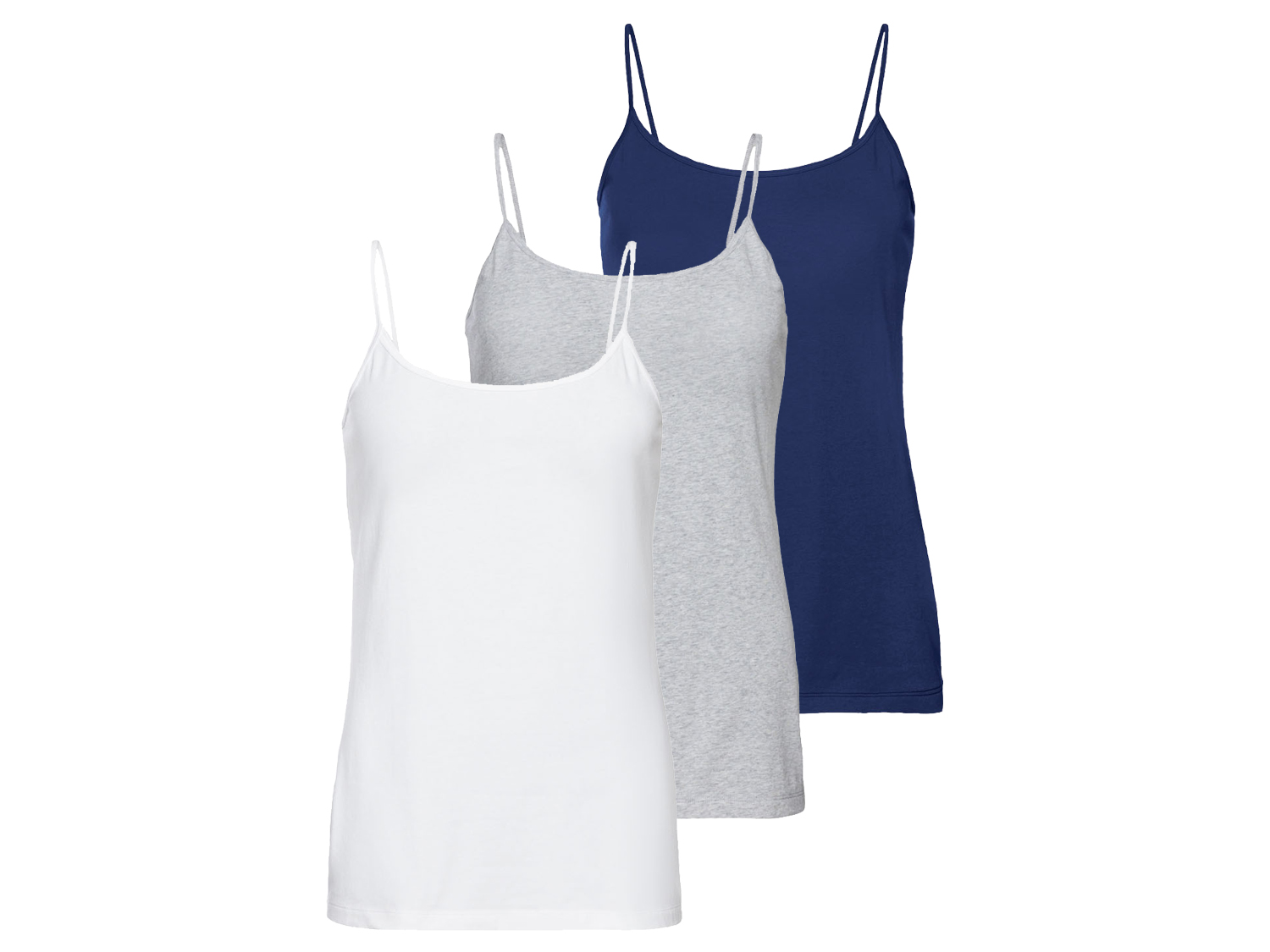 esmara Topy damskie z bawełną na cienkich ramiączkach, 3 sztuki Granatowy/szary/biały, M40/42
