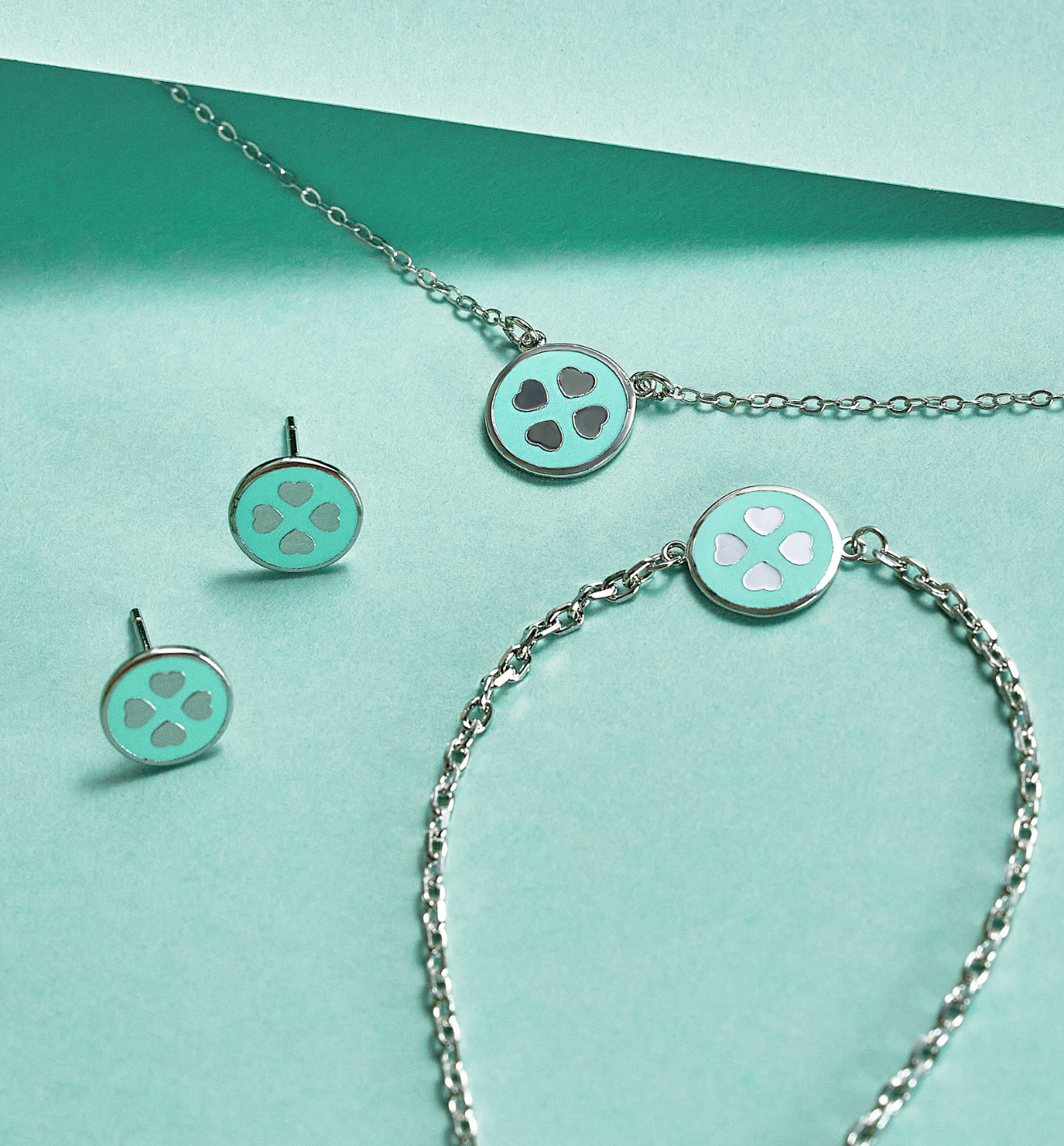 Zestaw srebrny z koniczynką i miętową emalią Candyland ZCA0013