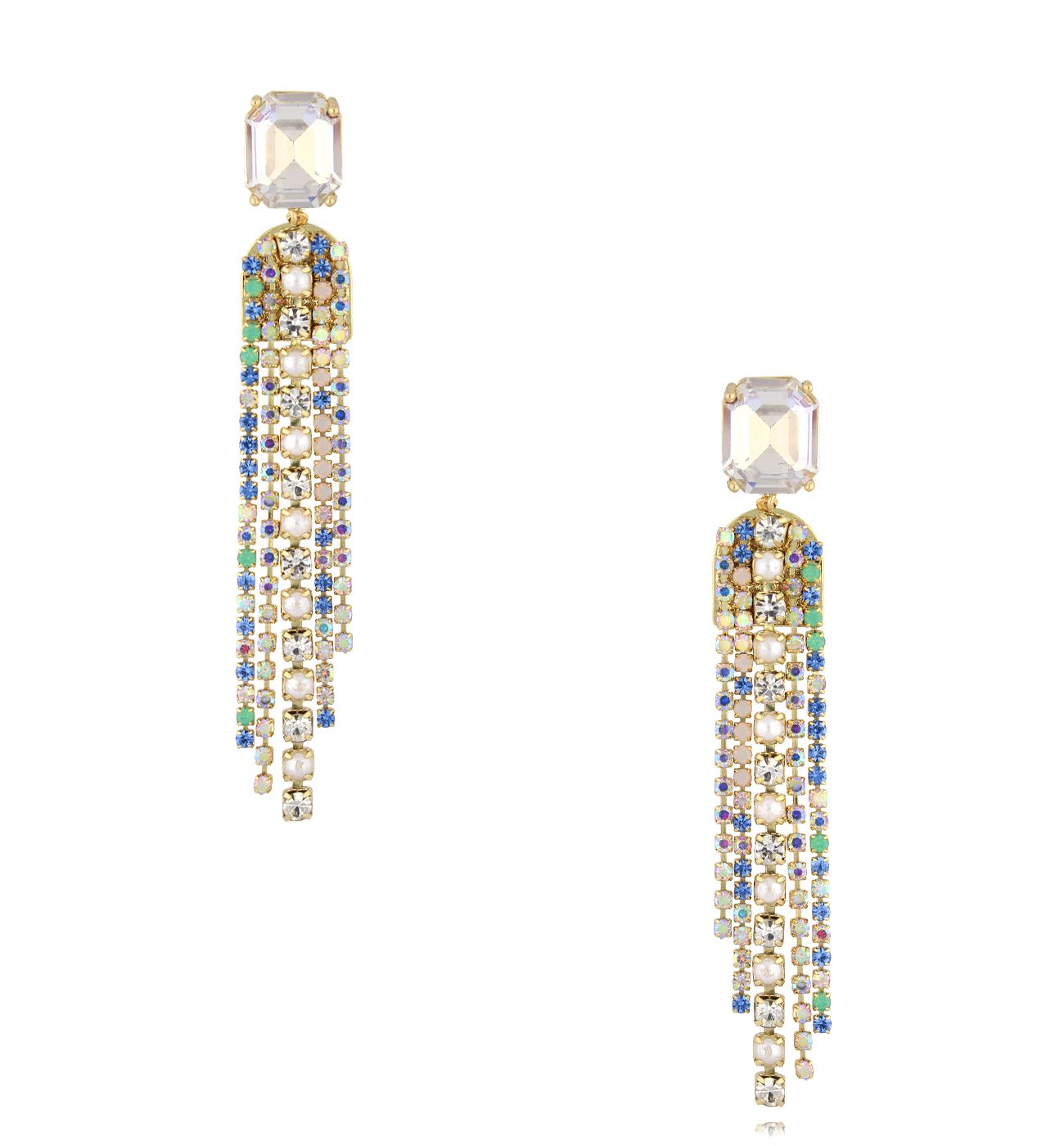 Kolczyki wiszące złote z kolorowymi kryształami i perłami KSC0168