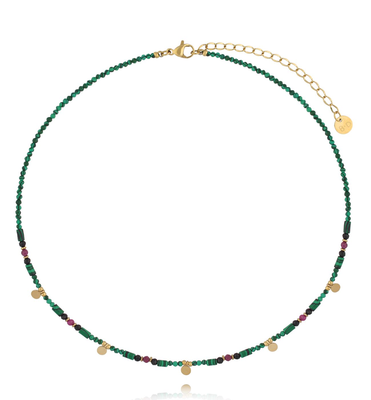Naszyjnik z malachitem, czarnym turmalinem i rubinem NTW1543