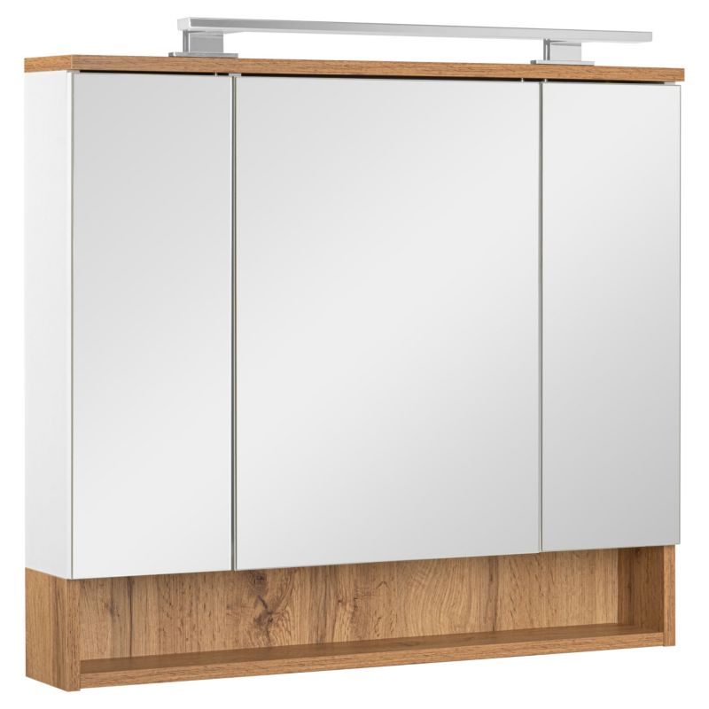 Szafka łazienkowa z lustrem MyFurni, 80 cm, biała matowa, dąb wotan, oświetlenie LED, wisząca, lustrzana, 1 kpl.