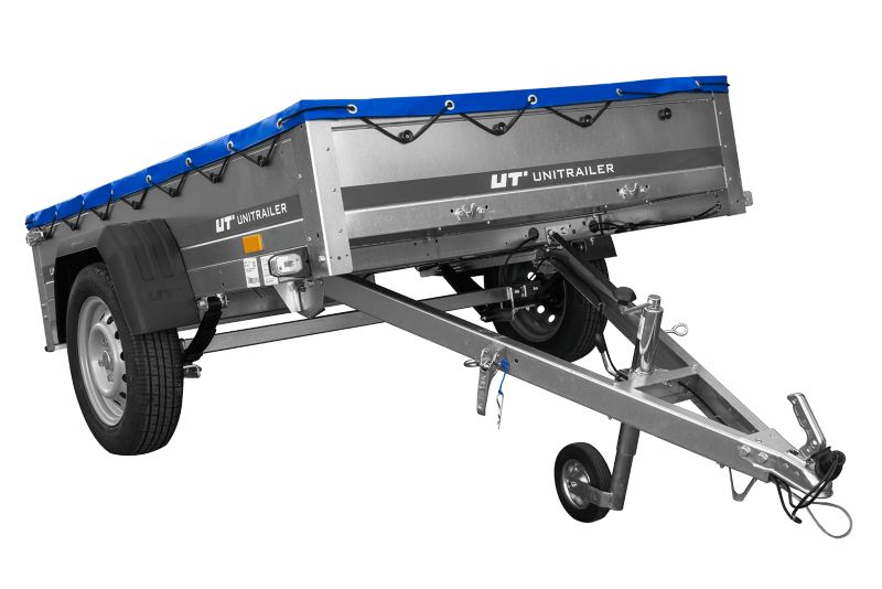 Przyczepka samochodowa Unitrailer GARDEN 201/R KIPP na resorach 200x125 ze stelażem H-0 i pokrowcem niebieskim 1 szt.